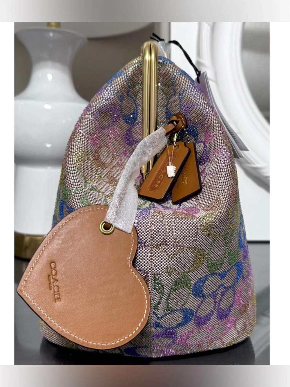 COACH Large Kisslock Frame Bag- RAINBOW Crystal Signature Jacquard